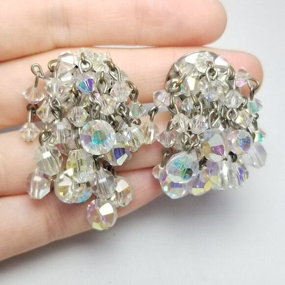 Vintage Hobe Beaded Clear Glass AB Fringe Dangle Clip On Earrings, Signed - Picture 7 of 7